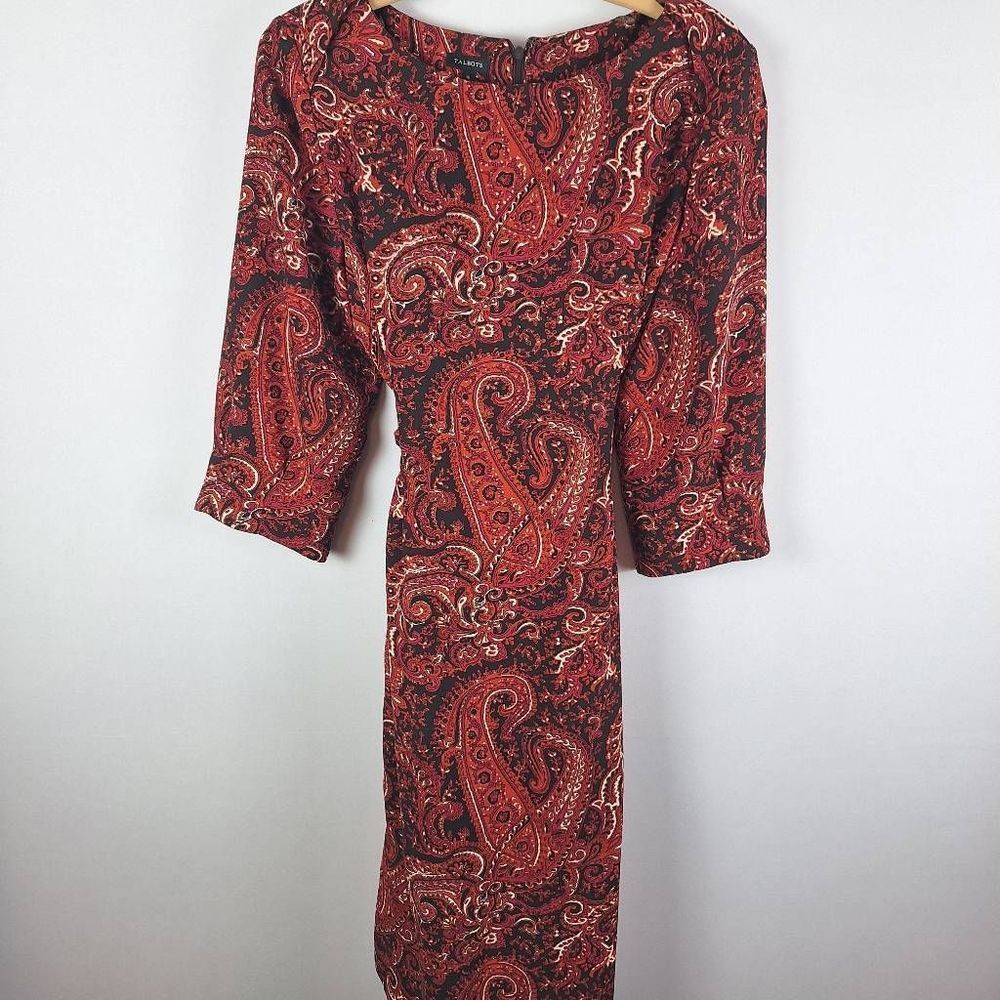 Vintage Talbots Black Maroon Burgundy Paisley Print Dress Size 16